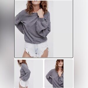Free People Womens TGIF Pullover Sweater Grey Puff Sleeve SZ S - NWT - SLATE